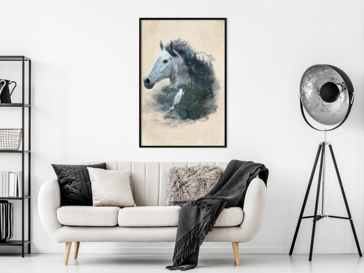 Poster Messenger of Freedom - gray horse surrounded by nature on a beige texture 130447 additionalImage 10