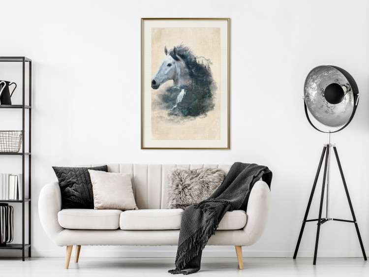 Poster Messenger of Freedom - gray horse surrounded by nature on a beige texture 130447 additionalImage 22