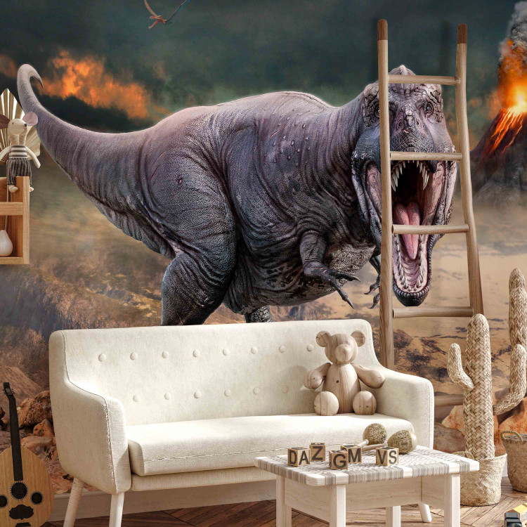 Photo Wallpaper Menacing tyrannosaurus with volcano - landscape with smoke and dinosaur for kids 142747 additionalImage 6
