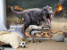 Photo Wallpaper Menacing tyrannosaurus with volcano - landscape with smoke and dinosaur for kids 142747