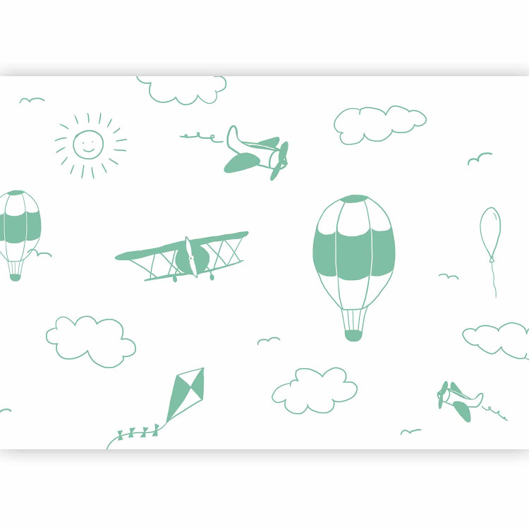 Wall Mural Sky Flight - Drawn Planes on a Background of a Green Sky With Clouds 145147 additionalImage 1