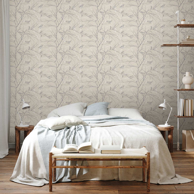 Wallpaper Forest Pattern - Gray Birds on Twigs on a Beige Background 150047 additionalImage 4
