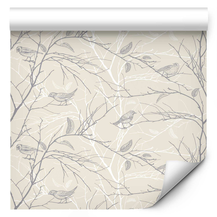 Wallpaper Forest Pattern - Gray Birds on Twigs on a Beige Background 150047 additionalImage 1