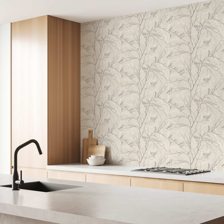 Wallpaper Forest Pattern - Gray Birds on Twigs on a Beige Background 150047 additionalImage 9