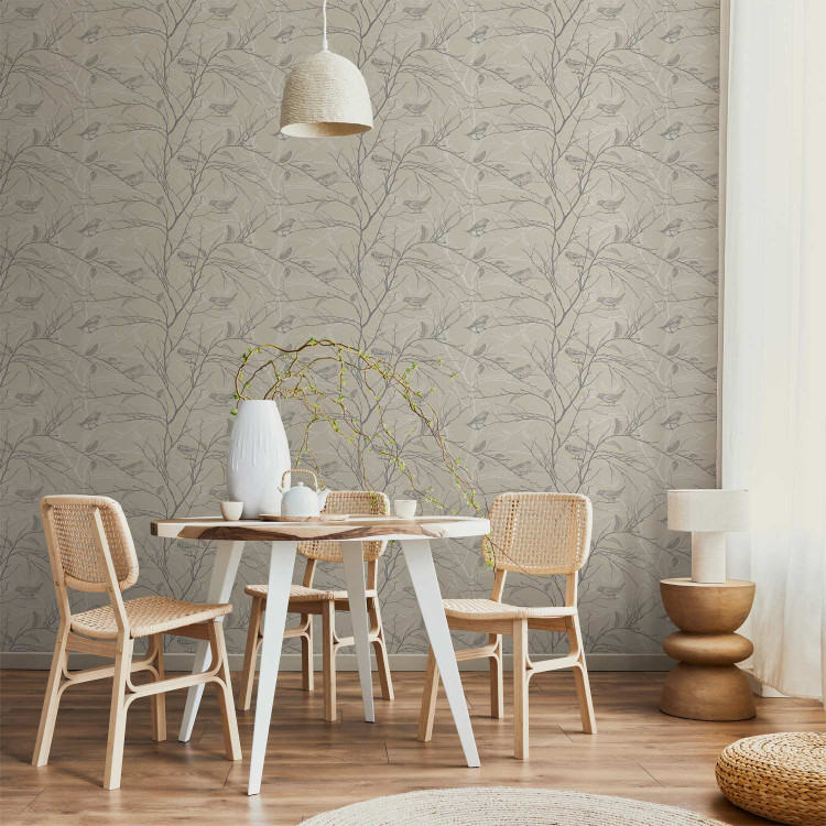Wallpaper Forest Pattern - Gray Birds on Twigs on a Beige Background 150047 additionalImage 5