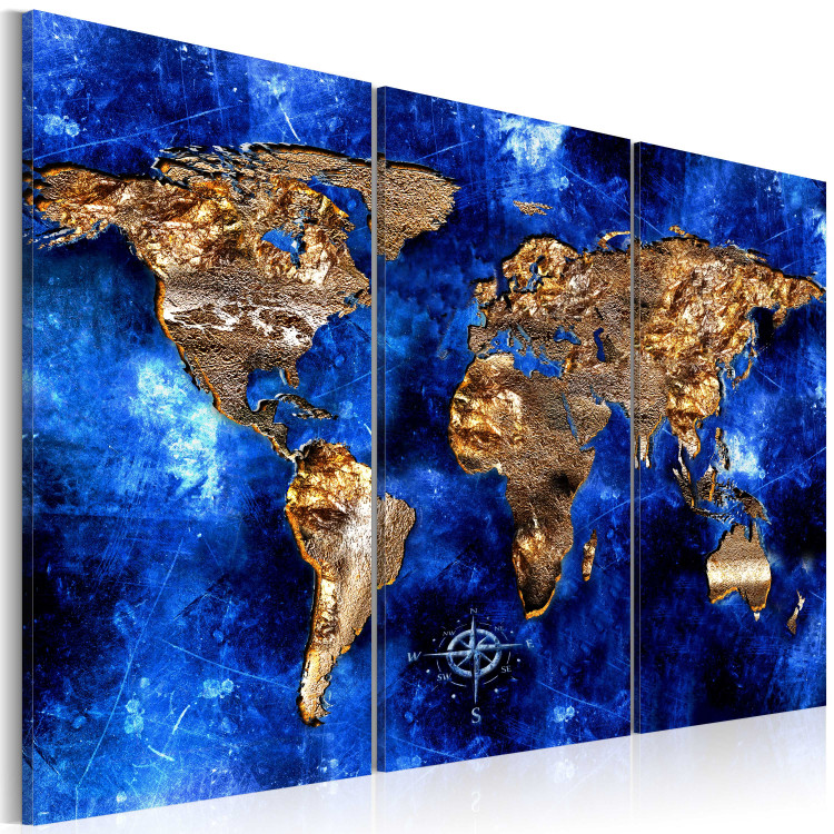 Canvas Art Print Golden Continents (3-part) - world map with a navy blue ocean 55247 additionalImage 2