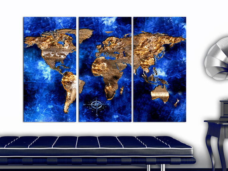 Canvas Art Print Golden Continents (3-part) - world map with a navy blue ocean 55247 additionalImage 3