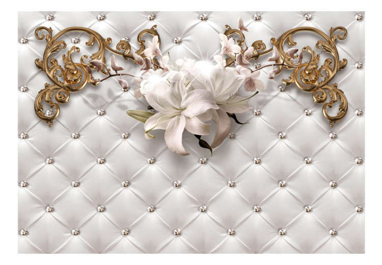 Wall Mural Dazzle - white flowers with gold ornaments on a quilted background 94847 additionalImage 1