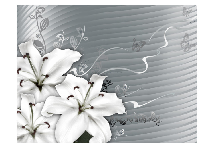 Photo Wallpaper Distress - white lilies on a fancy background with grey butterflies and stripes 96647 additionalImage 1