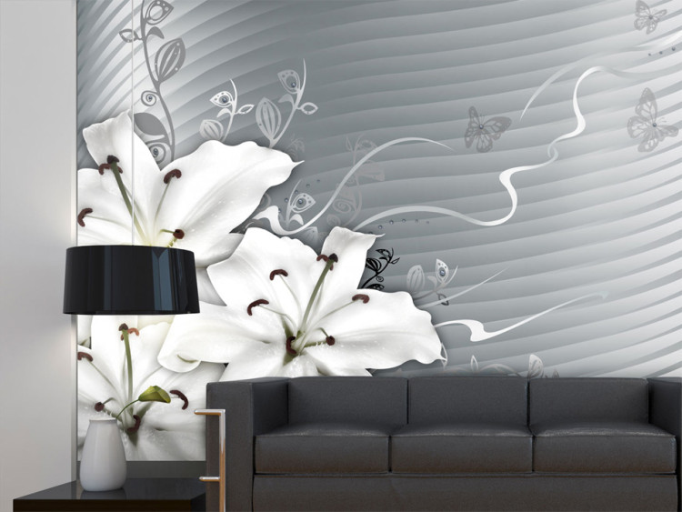 Photo Wallpaper Distress - white lilies on a fancy background with grey butterflies and stripes 96647