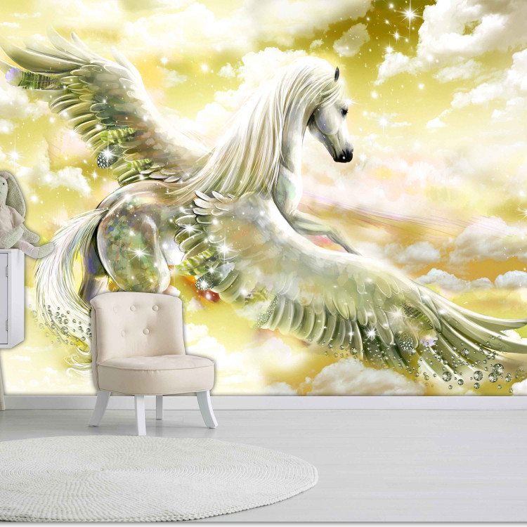 Photo Wallpaper Pegasus - magical motif of a flying horse in clouds in yellow designs 107257 additionalImage 3