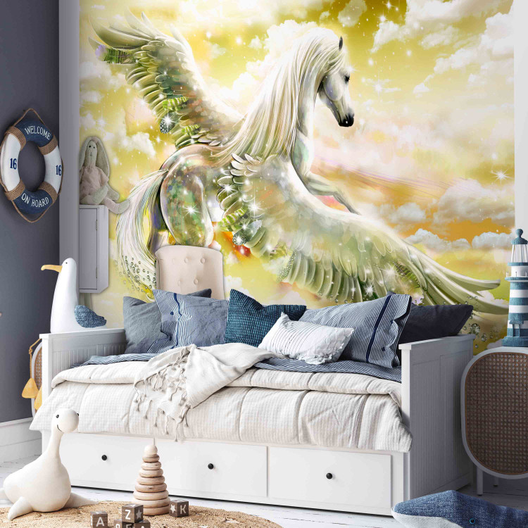 Photo Wallpaper Pegasus - magical motif of a flying horse in clouds in yellow designs 107257 additionalImage 5