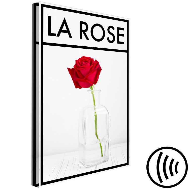 Canvas Art Print Rose - intense red rose flower in a vase on a pale gray background with a black frame and an inscription in French perfect for a room or dining room 123557 additionalImage 6
