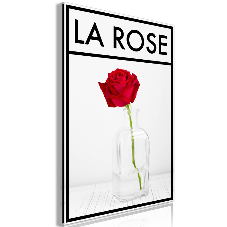 Canvas Art Print Rose - intense red rose flower in a vase on a pale gray background with a black frame and an inscription in French perfect for a room or dining room 123557 additionalImage 2