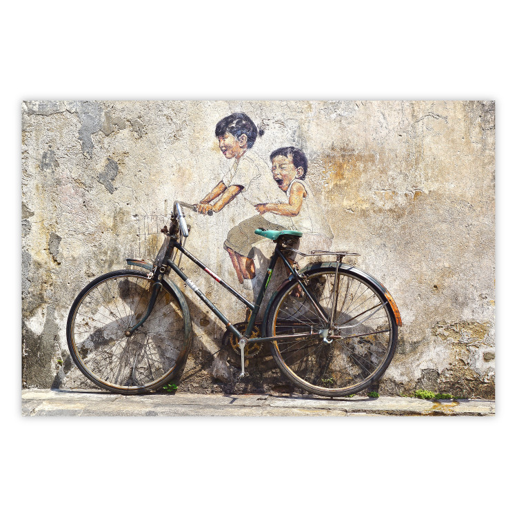 Poster Carefree - retro black bicycle against a wall painted with children 130457