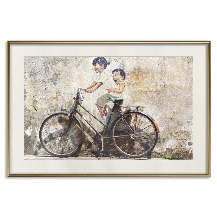 Poster Carefree - retro black bicycle against a wall painted with children 130457 additionalImage 20