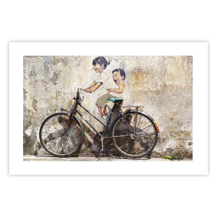 Poster Carefree - retro black bicycle against a wall painted with children 130457 additionalImage 25