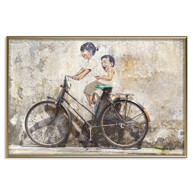 Poster Carefree - retro black bicycle against a wall painted with children 130457 additionalImage 21