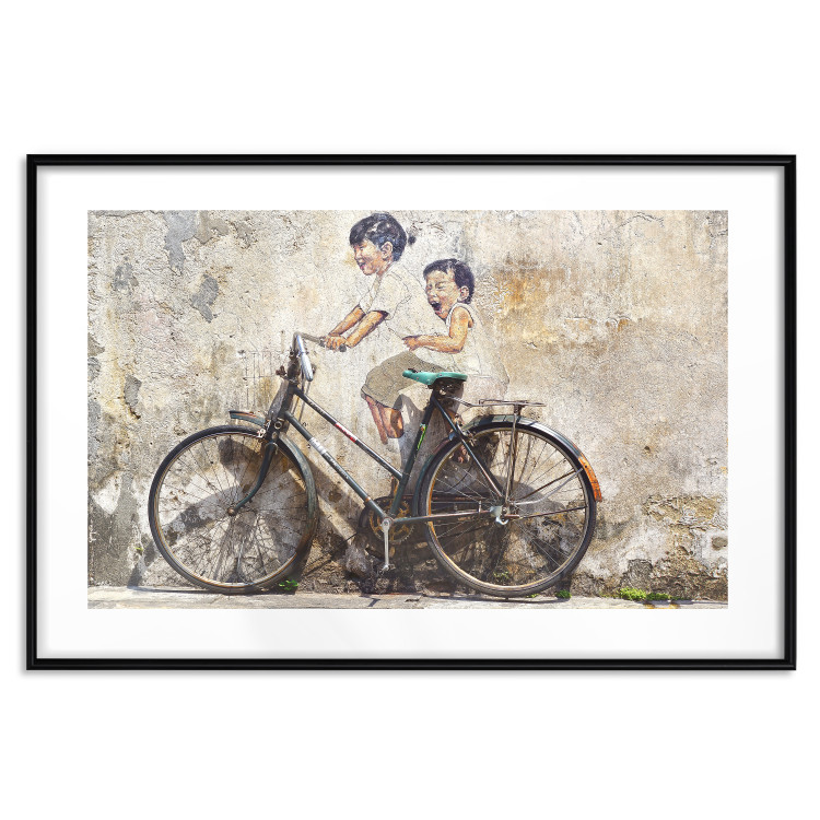 Poster Carefree - retro black bicycle against a wall painted with children 130457 additionalImage 15