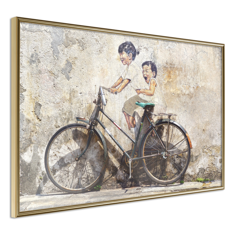 Poster Carefree - retro black bicycle against a wall painted with children 130457 additionalImage 12