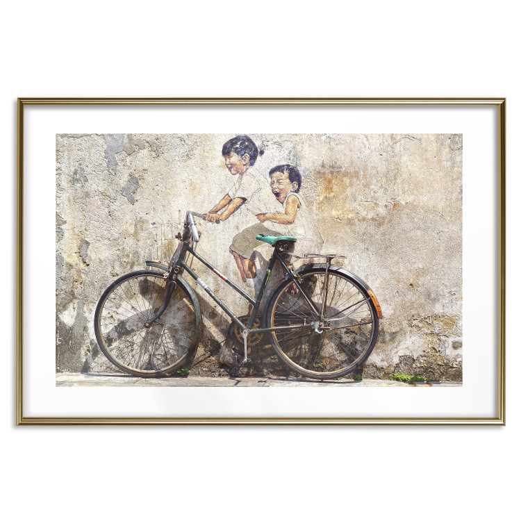 Poster Carefree - retro black bicycle against a wall painted with children 130457 additionalImage 16