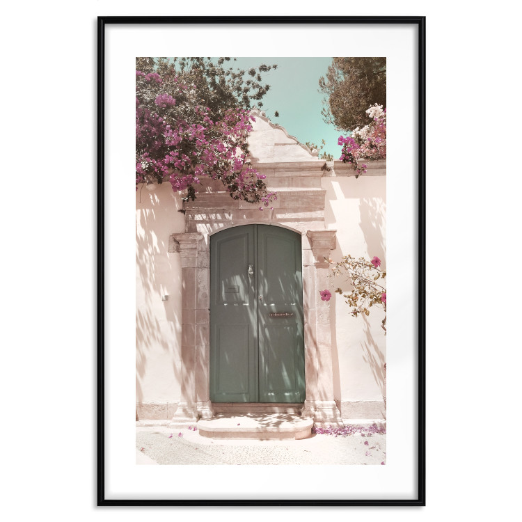 Wall Poster Charming Alley - architecture of a wall with a green entrance in the sunlight 135757 additionalImage 19