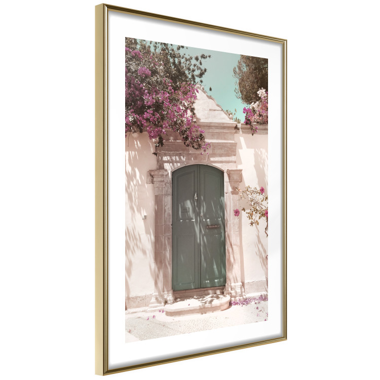 Wall Poster Charming Alley - architecture of a wall with a green entrance in the sunlight 135757 additionalImage 3