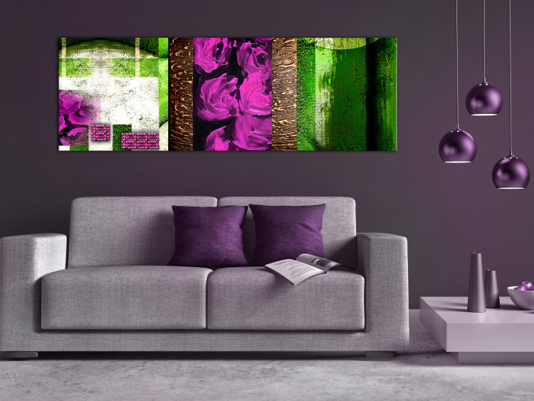 Canvas Art Print Abstraction with Roses (1-piece) Narrow - pink flowers and green background 138357 additionalImage 3