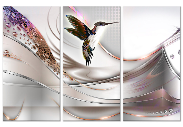 Canvas Hummingbird in Abstraction (3-piece) Wide - bird in flight and bright background 143457