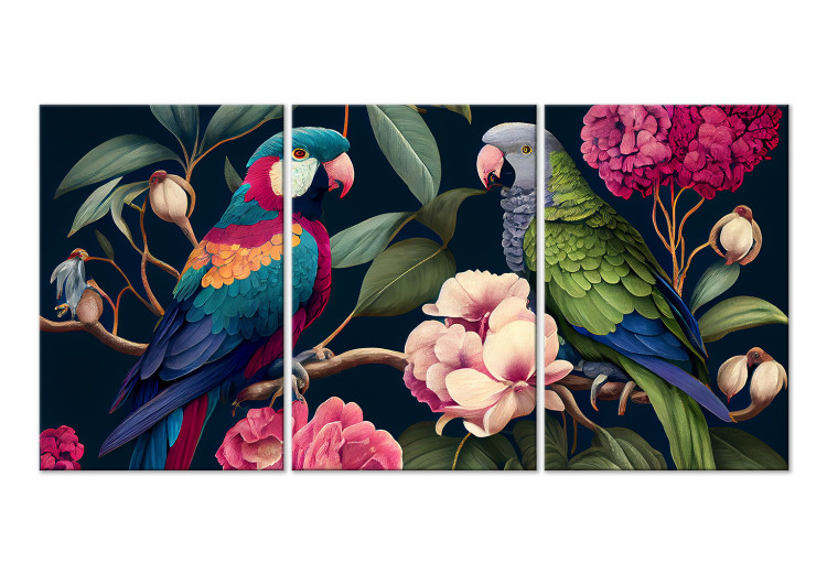 Canvas Print Tropical Birds - Exotic Parrots Among Blooming Trees 149857