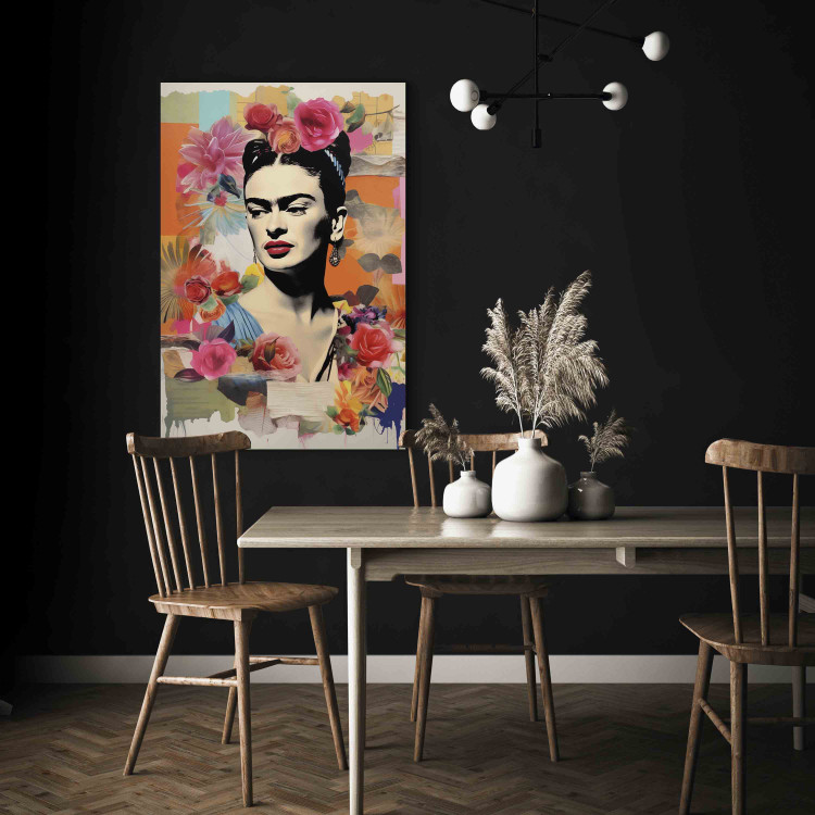 Canvas Print Portrait of the Painter - Frida Kahlo on a Pastel Floral Background 152257 additionalImage 5