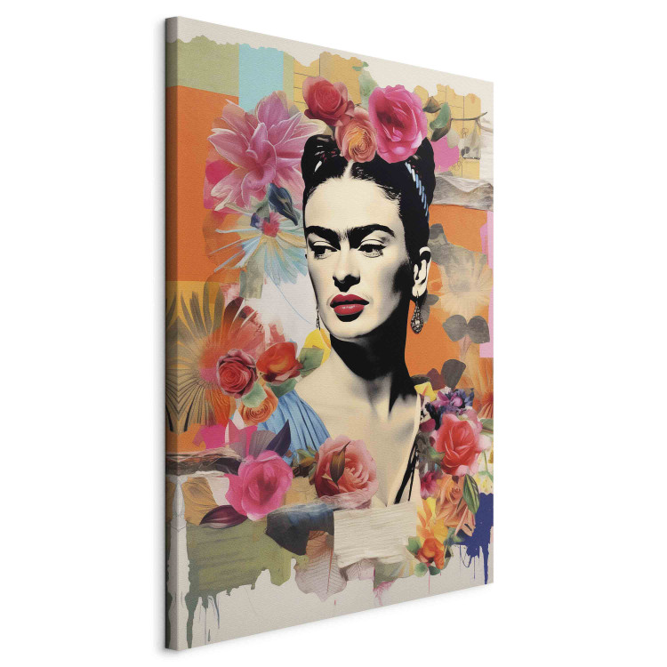 Canvas Print Portrait of the Painter - Frida Kahlo on a Pastel Floral Background 152257 additionalImage 2