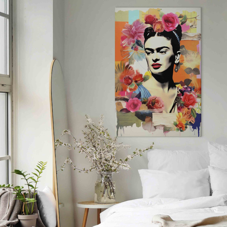 Canvas Print Portrait of the Painter - Frida Kahlo on a Pastel Floral Background 152257 additionalImage 3