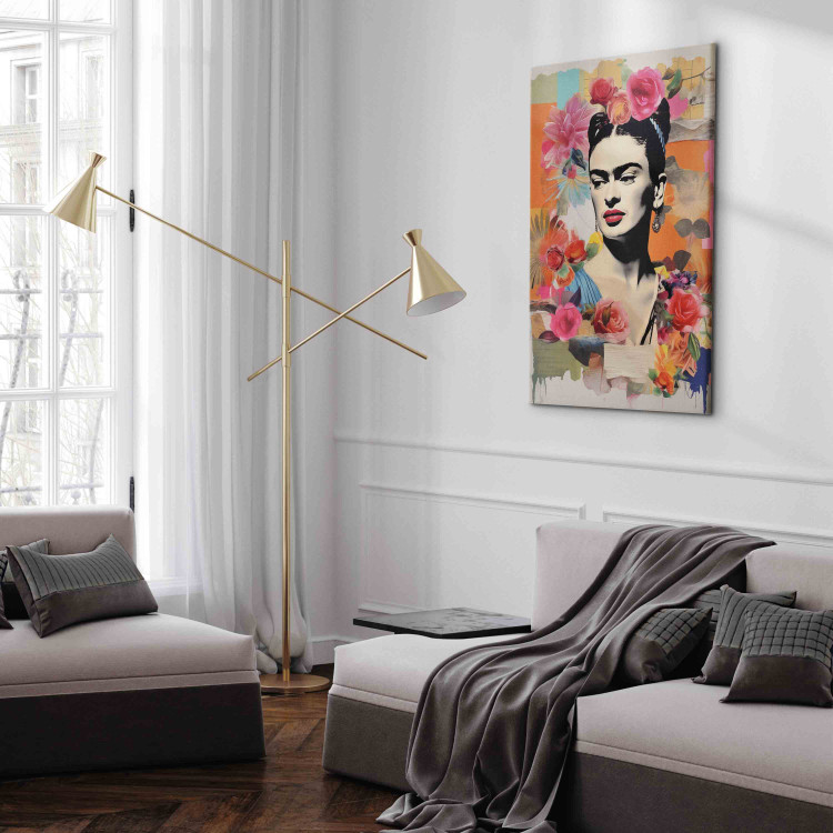 Canvas Print Portrait of the Painter - Frida Kahlo on a Pastel Floral Background 152257 additionalImage 4