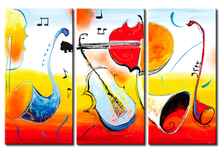 Canvas Print Musical Instruments (3-piece) - colorful guitars and trumpets with notes 46757