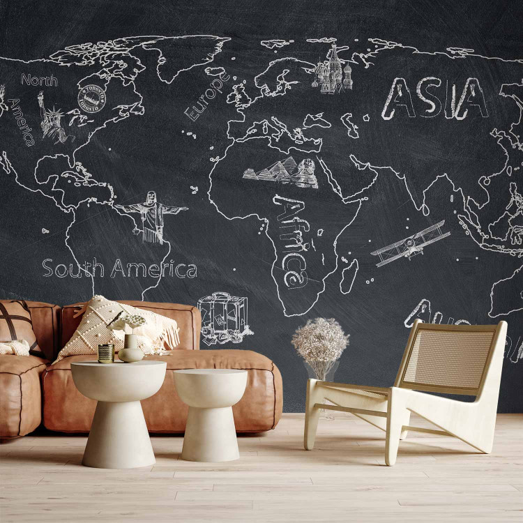 Photo Wallpaper World Map - sketch of continents on a black background 59957