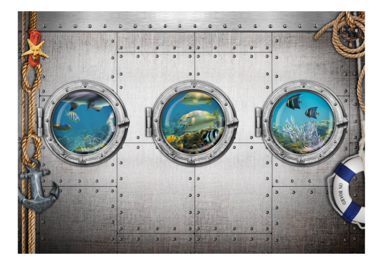 Wall Mural View of Marine Animals - Illusion of windows in a silver submarine 61257 additionalImage 1