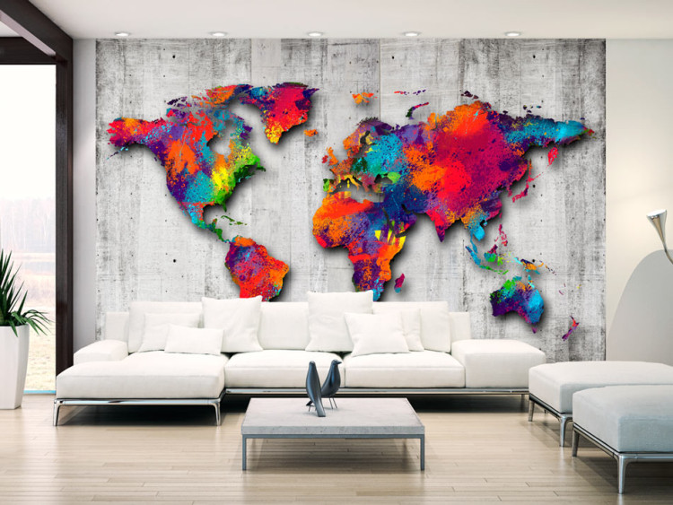 Photo Wallpaper A colourful world - watercolour style world map on a fashionable concrete background 63957