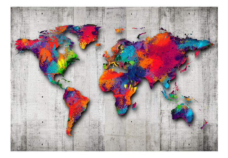 Photo Wallpaper A colourful world - watercolour style world map on a fashionable concrete background 63957 additionalImage 1