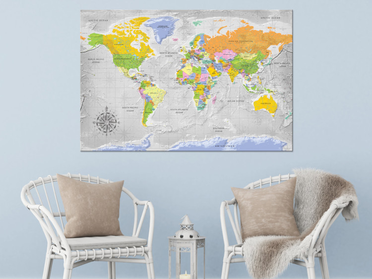 Canvas Print Direction of Travel (1-part) - Gray-Toned World Map with Inscriptions 95957 additionalImage 3