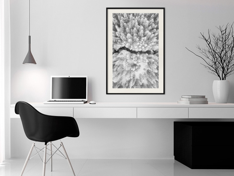 Poster Cold Stream - black and white winter landscape of a snow-covered forest 123367 additionalImage 22