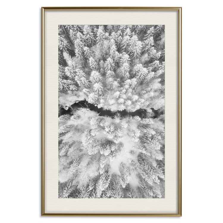 Poster Cold Stream - black and white winter landscape of a snow-covered forest 123367 additionalImage 19