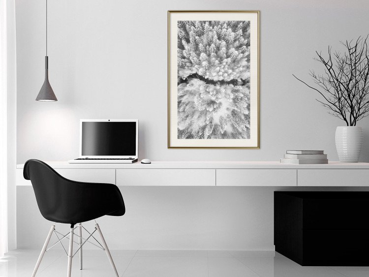Poster Cold Stream - black and white winter landscape of a snow-covered forest 123367 additionalImage 21