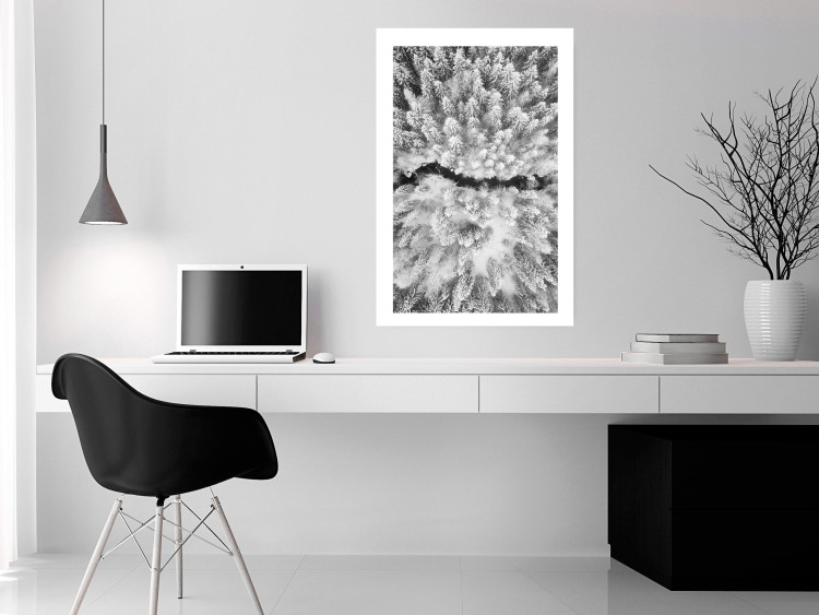 Poster Cold Stream - black and white winter landscape of a snow-covered forest 123367 additionalImage 4