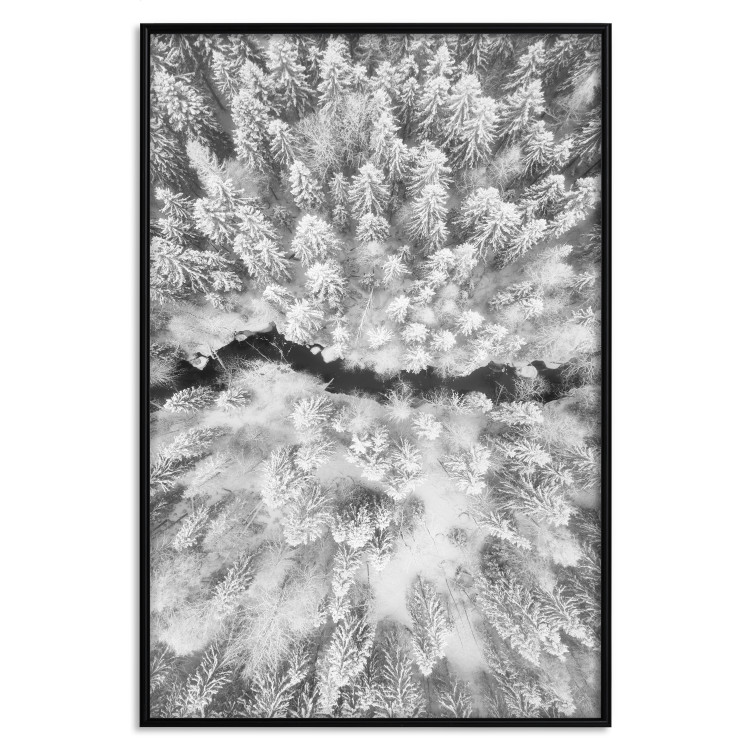 Poster Cold Stream - black and white winter landscape of a snow-covered forest 123367 additionalImage 24