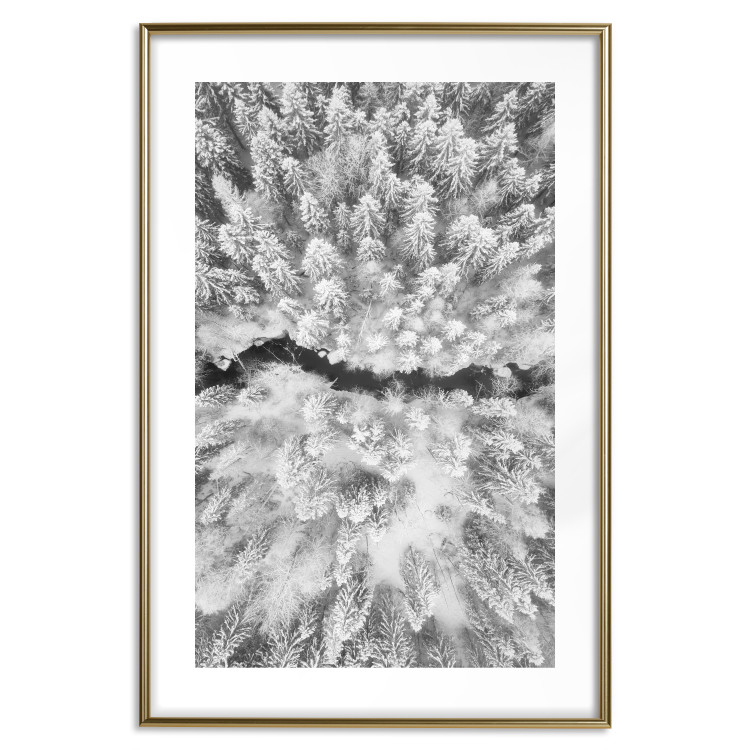 Poster Cold Stream - black and white winter landscape of a snow-covered forest 123367 additionalImage 16