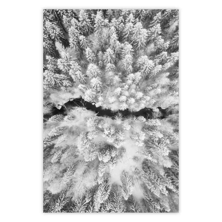 Poster Cold Stream - black and white winter landscape of a snow-covered forest 123367