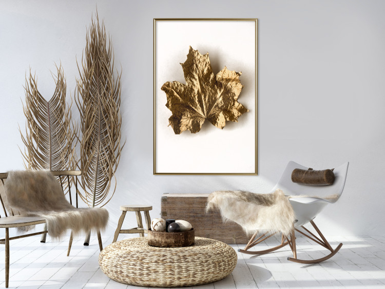 Wall Poster Golden Maple - leaf covered with a thin layer of gold lying on white background 124967 additionalImage 5