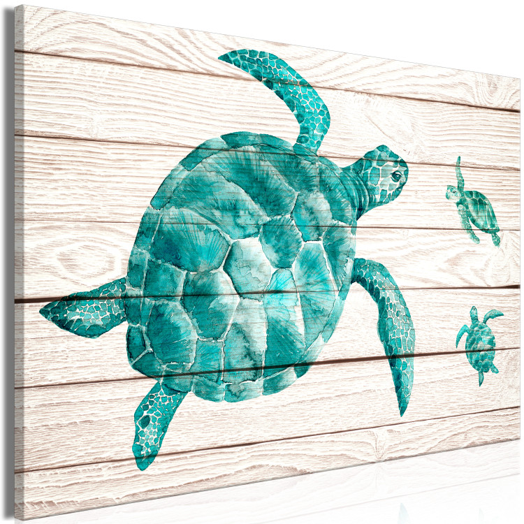 Canvas Turtles (1-piece) - emerald sea animals on a wooden background 145167 additionalImage 2