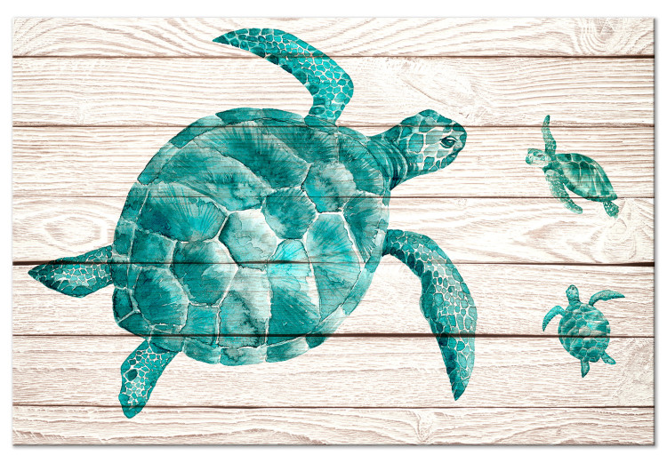 Canvas Turtles (1-piece) - emerald sea animals on a wooden background 145167